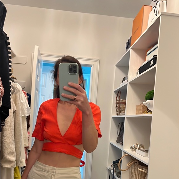 Zara Tops - Red Crop Blouse with Tie Front and Cut Out